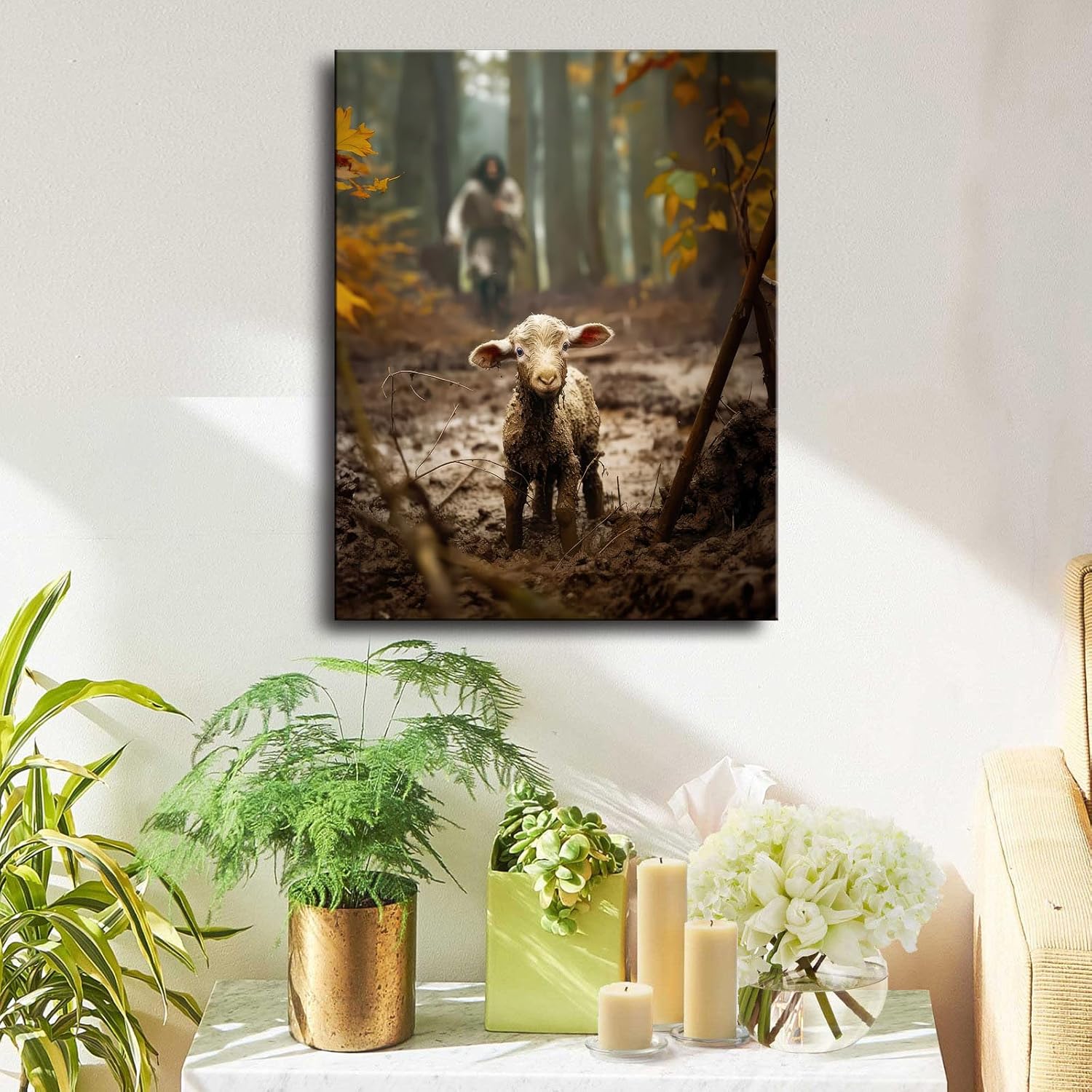 Religious wall decor for prayer room Christian wall art for Christmas decorations indoor Jesus and Lamb canvas wall prints Jesus Running After Lost Lamb Picture for home decor Baptism gifts for boys-girl serenity prayer wall art Christian gifts for Women